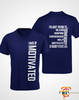Navy unisex short sleeve crew neck T-shirt shown front and back with white motivational text
