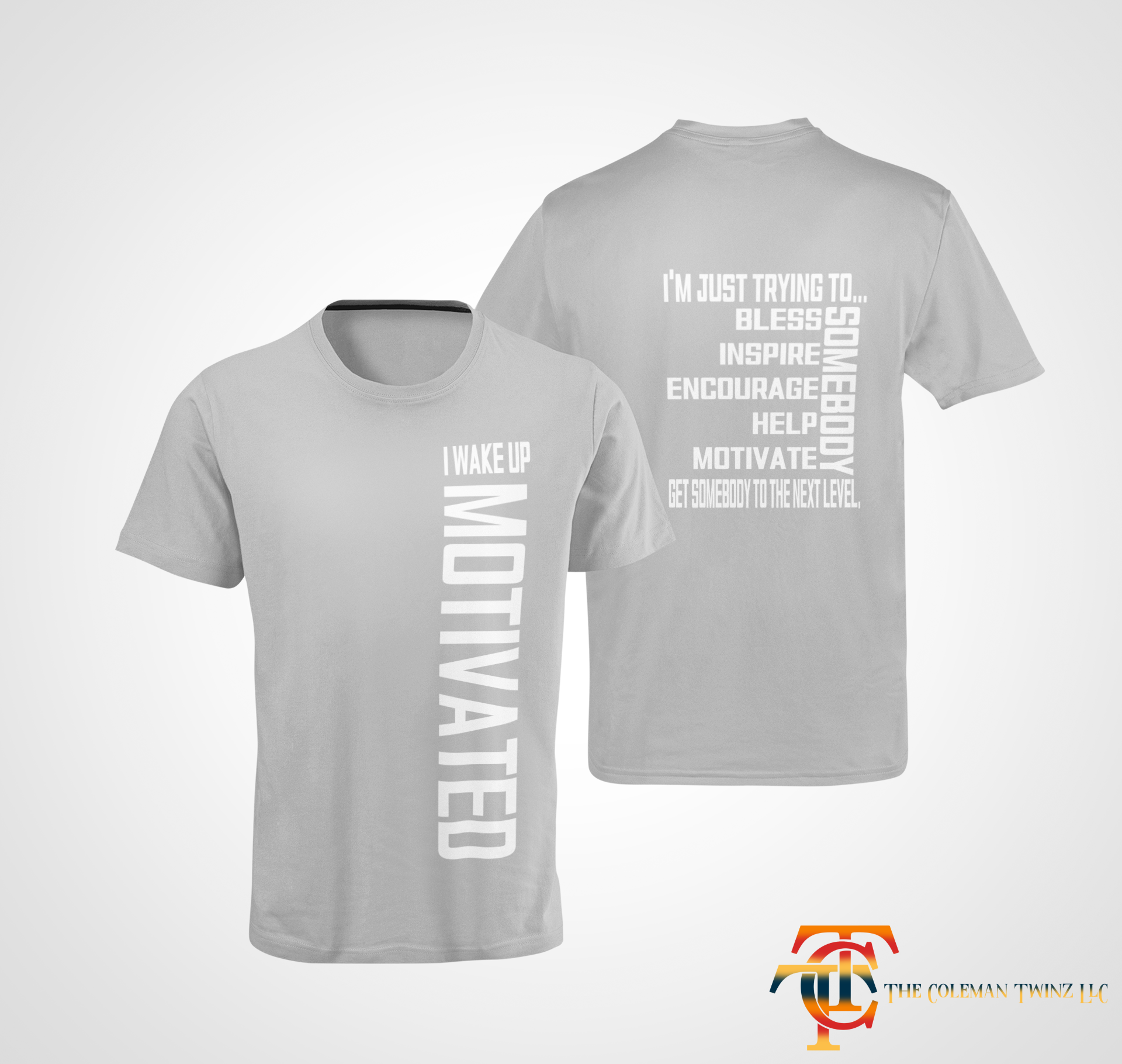 Light gray unisex short sleeve crew neck T-shirt shown front and back with white text graphic