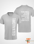 Light gray unisex short sleeve crew neck T-shirt shown front and back with white text graphic