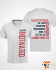 White unisex crew-neck T-shirt with front vertical red word art and back quote