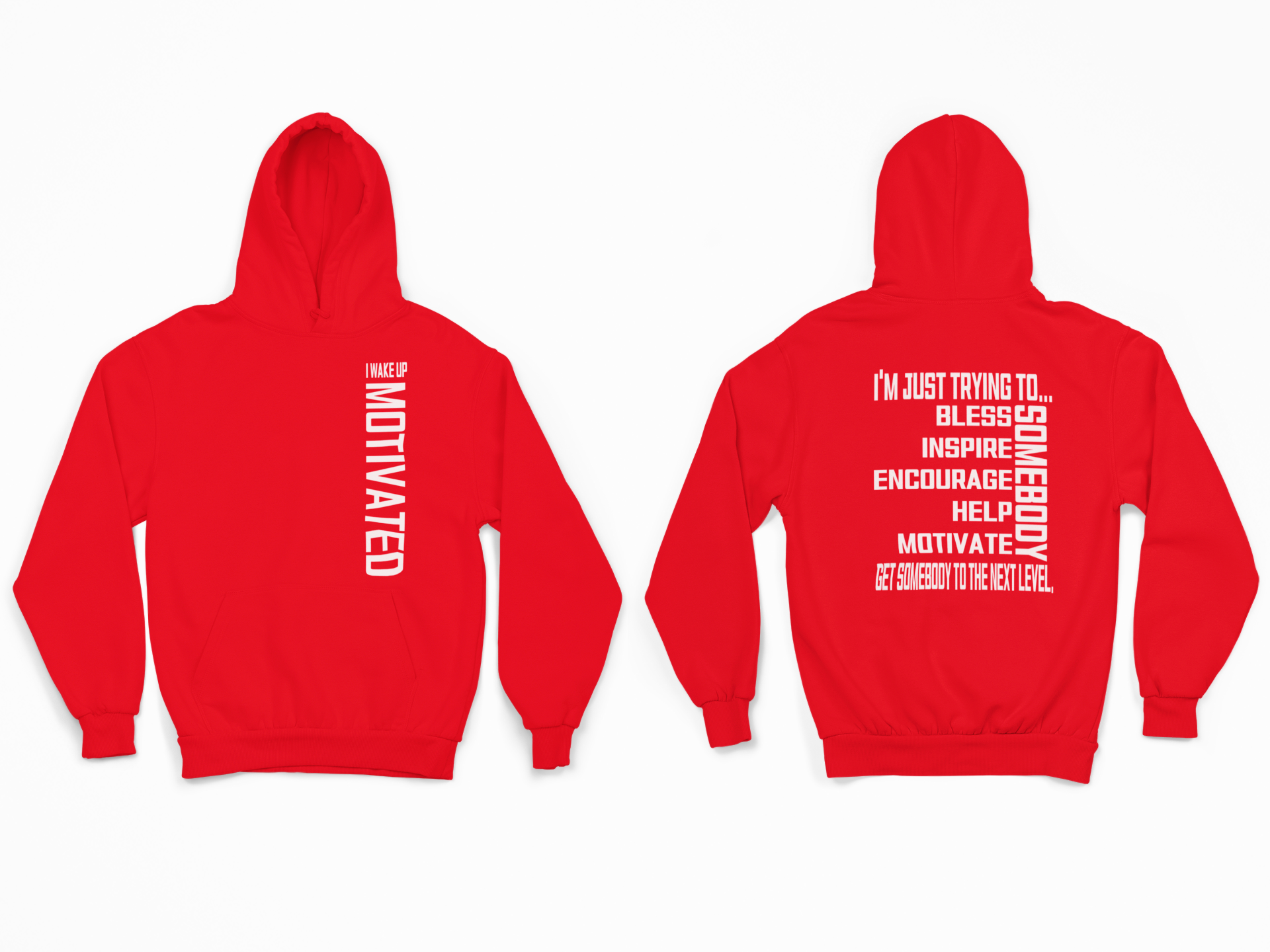 Red pullover hoodie with hood and front vertical motivational lettering