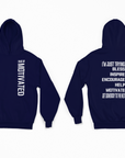 Navy blue pullover hoodie with hood and front vertical motivational lettering