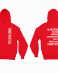 Red pullover hoodie with hood and front vertical motivational lettering