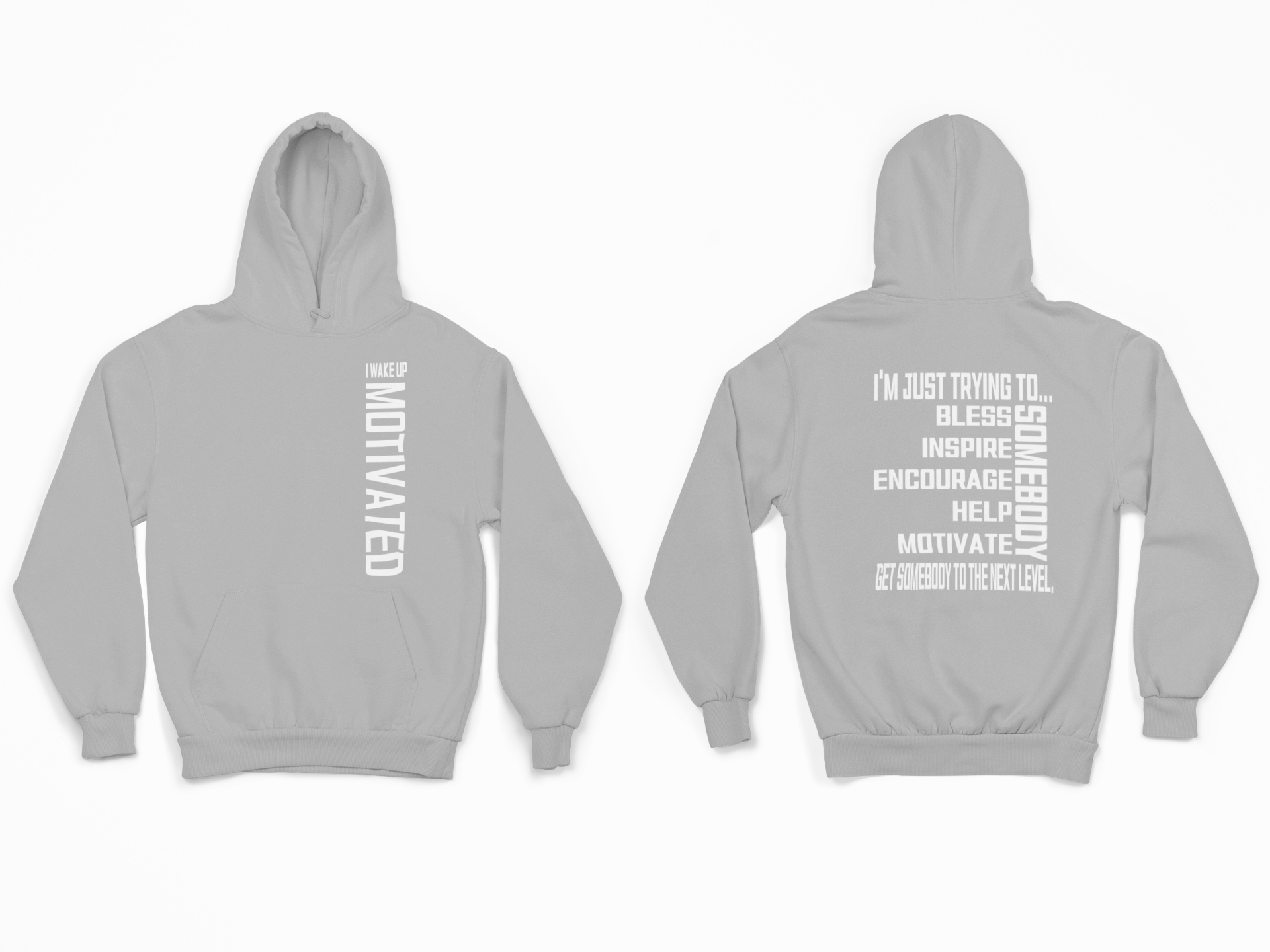 Athletic heather grey pullover hoodie with hood and front vertical motivational lettering