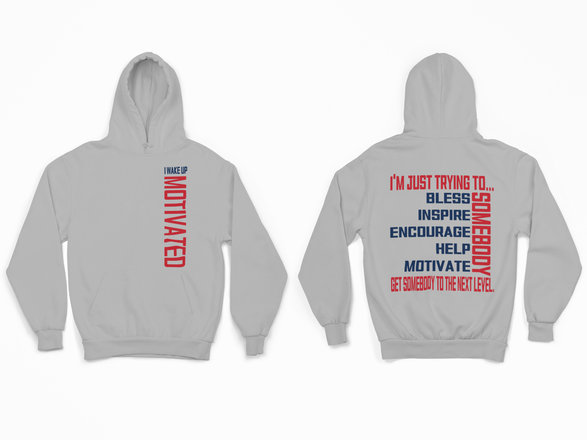 Light gray unisex pullover hoodie set: front and back view, hood, pocket, and text graphic