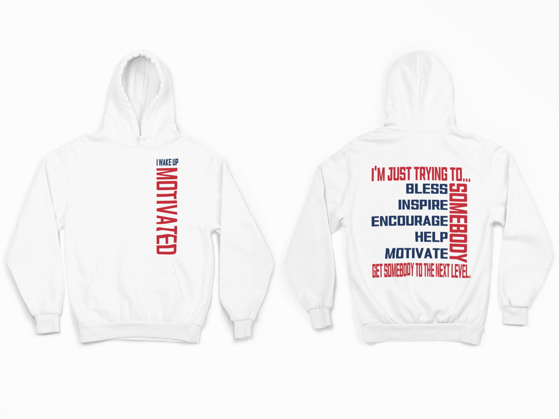 White unisex pullover hoodie set: front and back view, hood, pocket, and text graphic