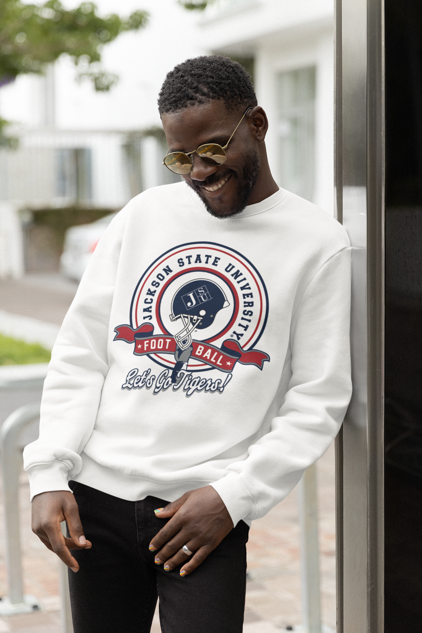 White crew-neck sweatshirt with large front Tigers logo graphic