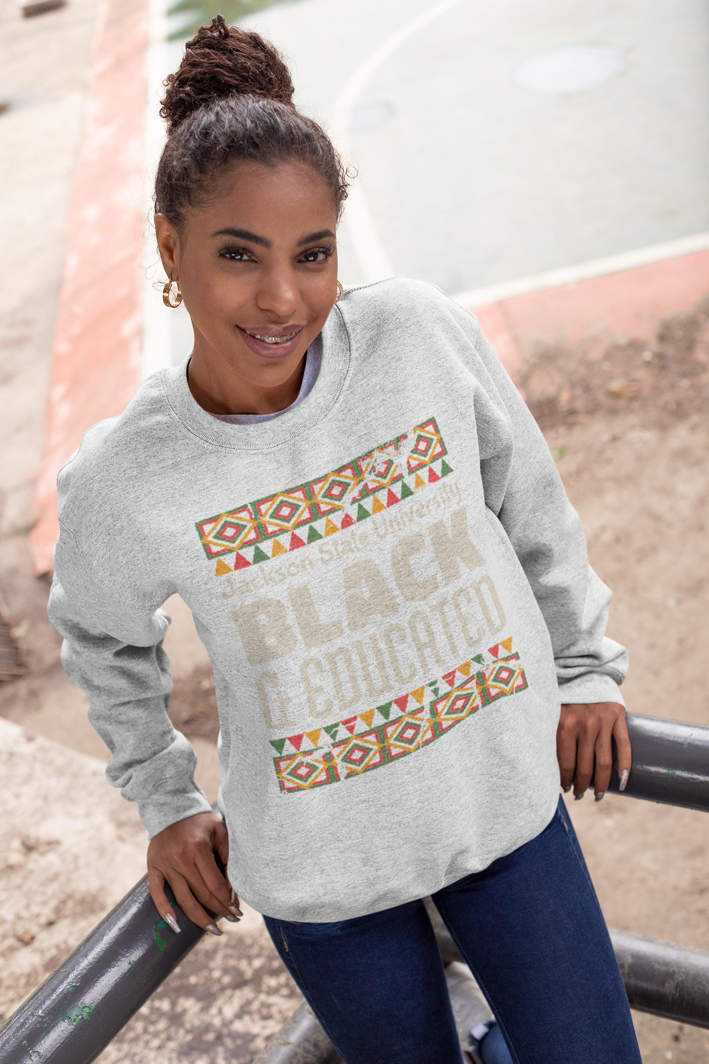 Heather grey crewneck sweatshirt with “Jackson State University” Black &amp; Educated graphic