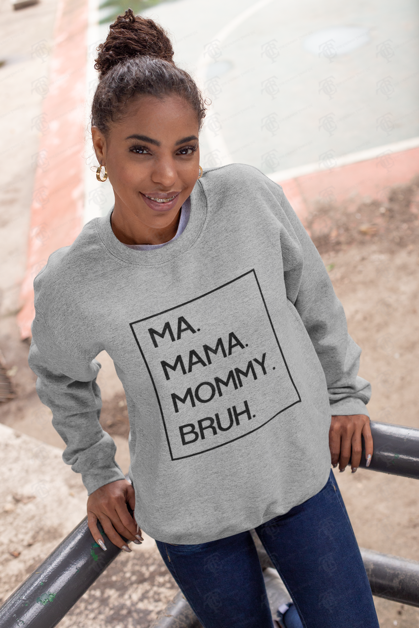 Heather grey crewneck sweatshirt with black MA MAMA MOMMY BRUH lettering in square