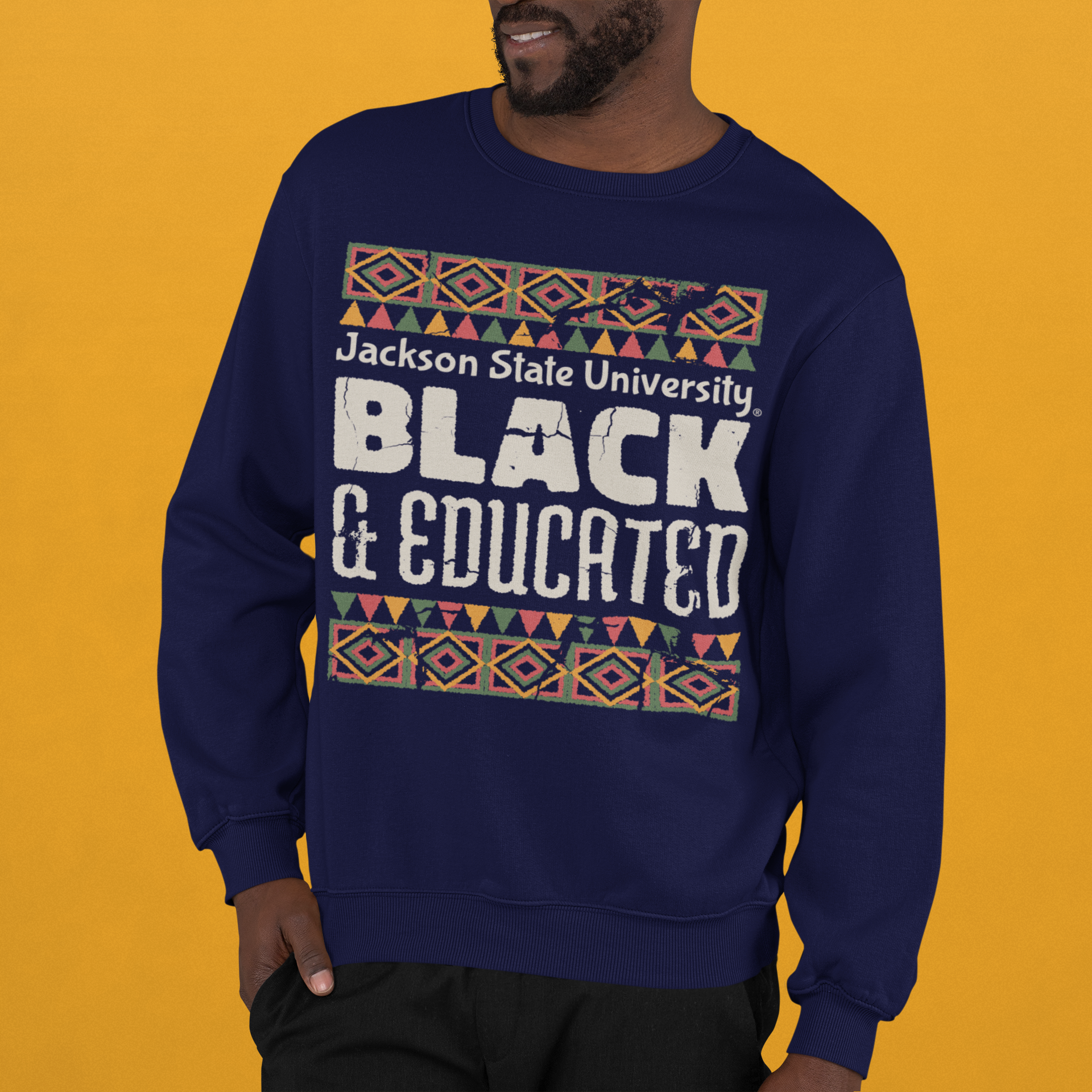 Navy blue crewneck sweatshirt with “Jackson State University” Black &amp; Educated graphic