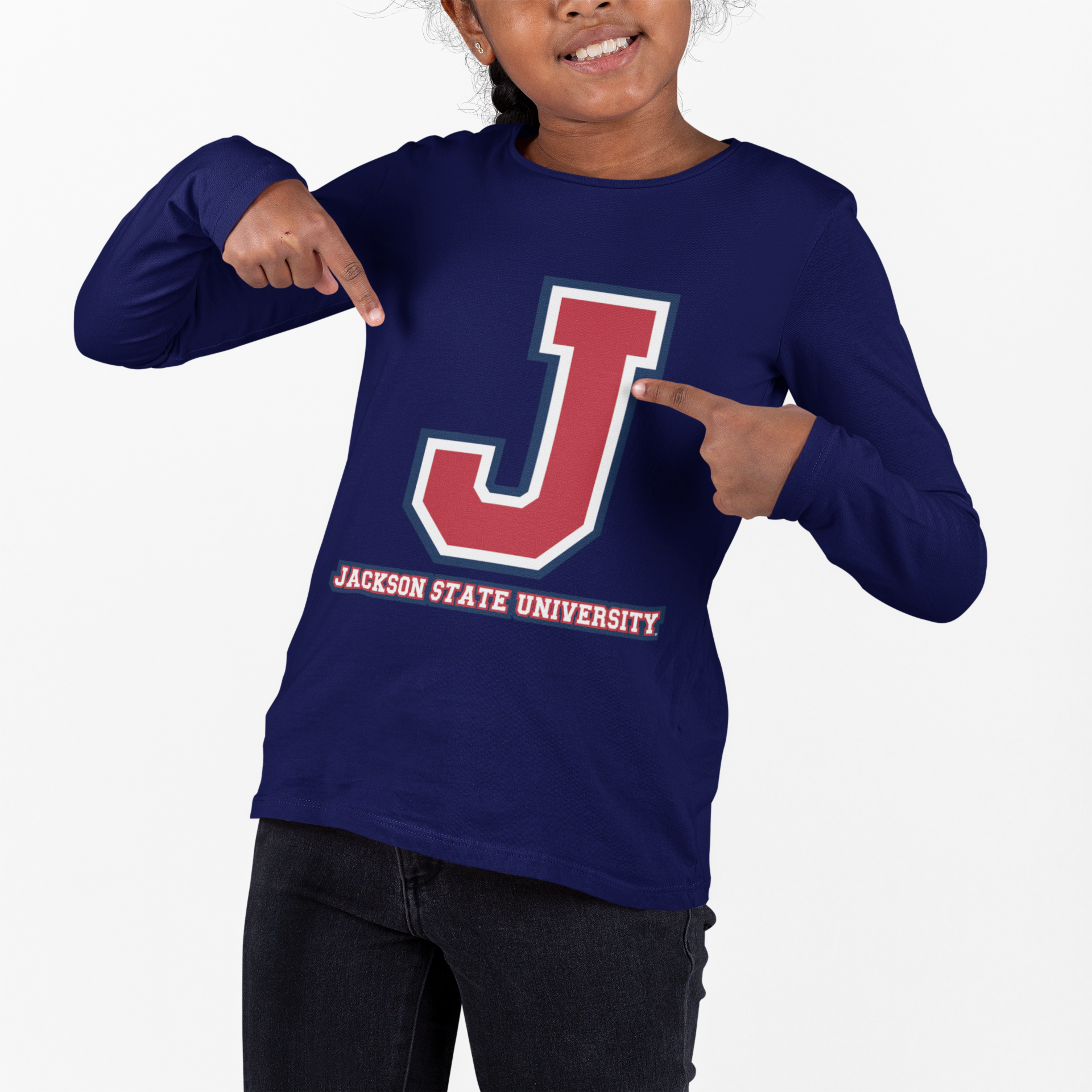 Youth long sleeve crewneck T-shirt in navy, front J logo with Jackson State text
