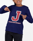 Youth long sleeve crewneck T-shirt in navy, front J logo with Jackson State text