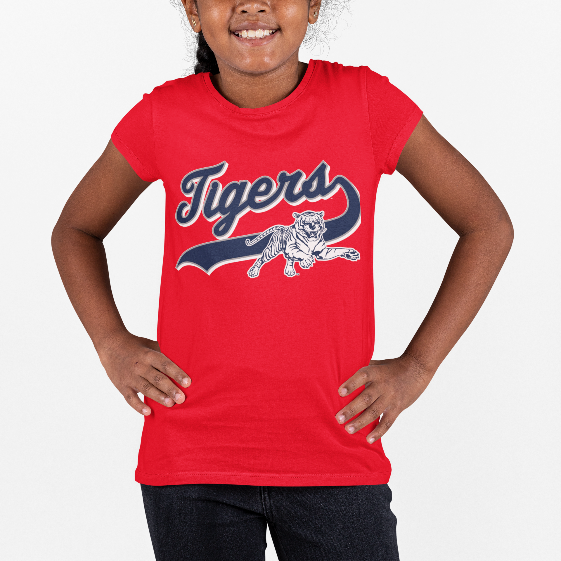 Youth red crewneck T-shirt with Tigers leaping mascot graphic on front