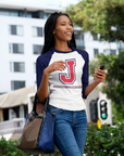 Ladies baseball raglan T-shirt on model, white front with navy sleeves and J logo