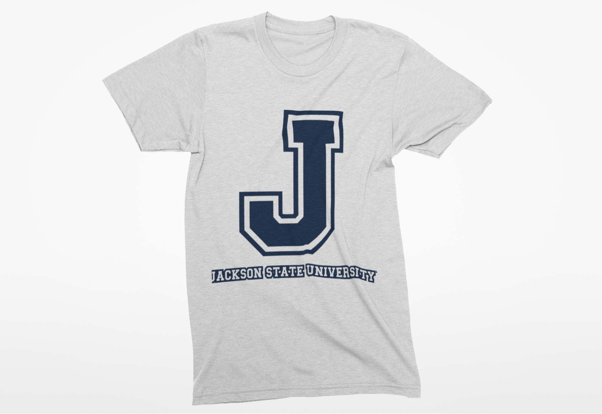 Light heather gray crew-neck T-shirt with blue J logo and Jackson State University text.