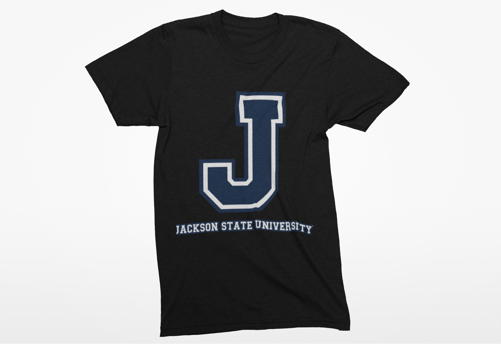 Black crew-neck T-shirt with blue J logo and Jackson State University text.