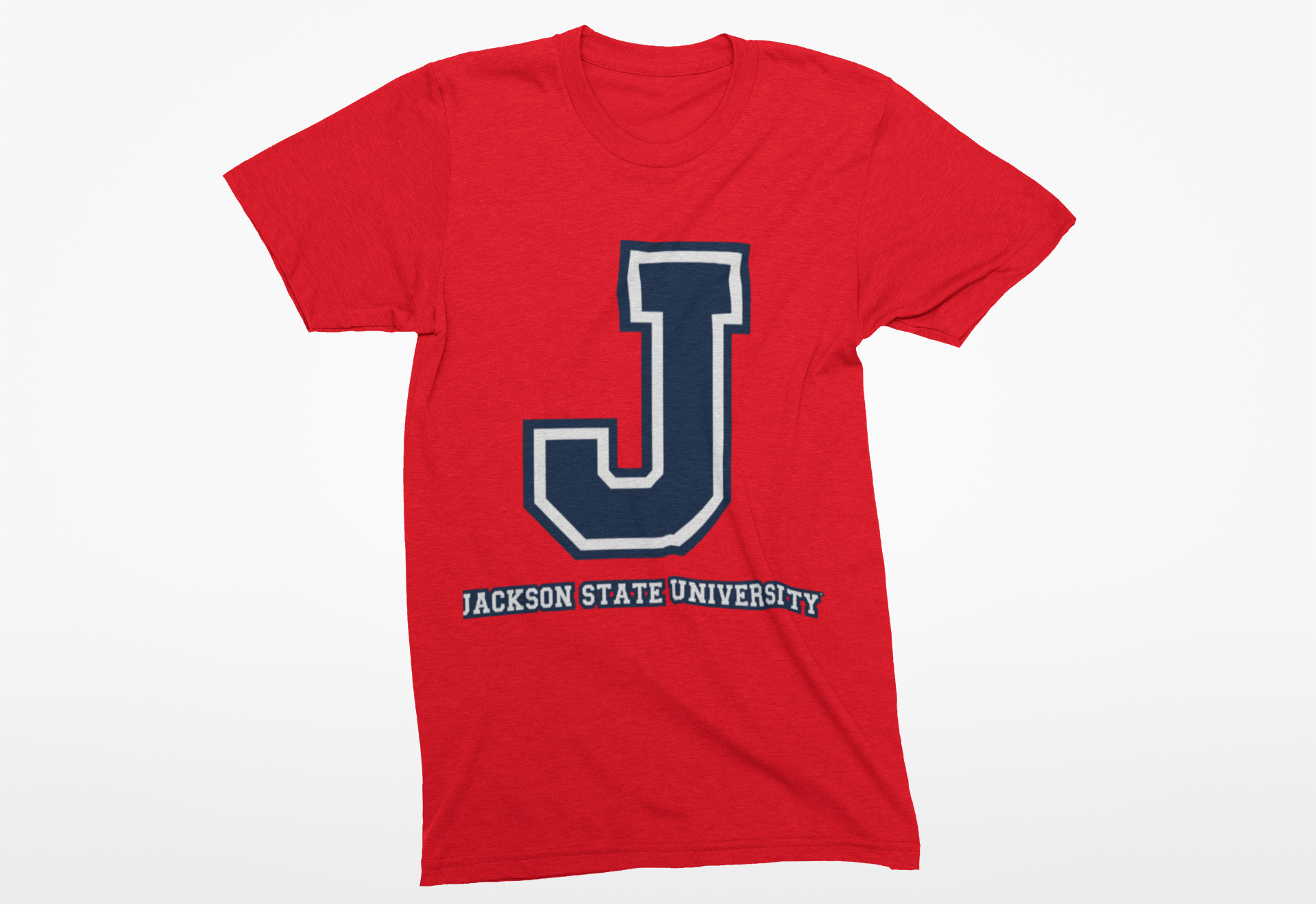 Red crew-neck T-shirt with blue J logo and Jackson State University text.