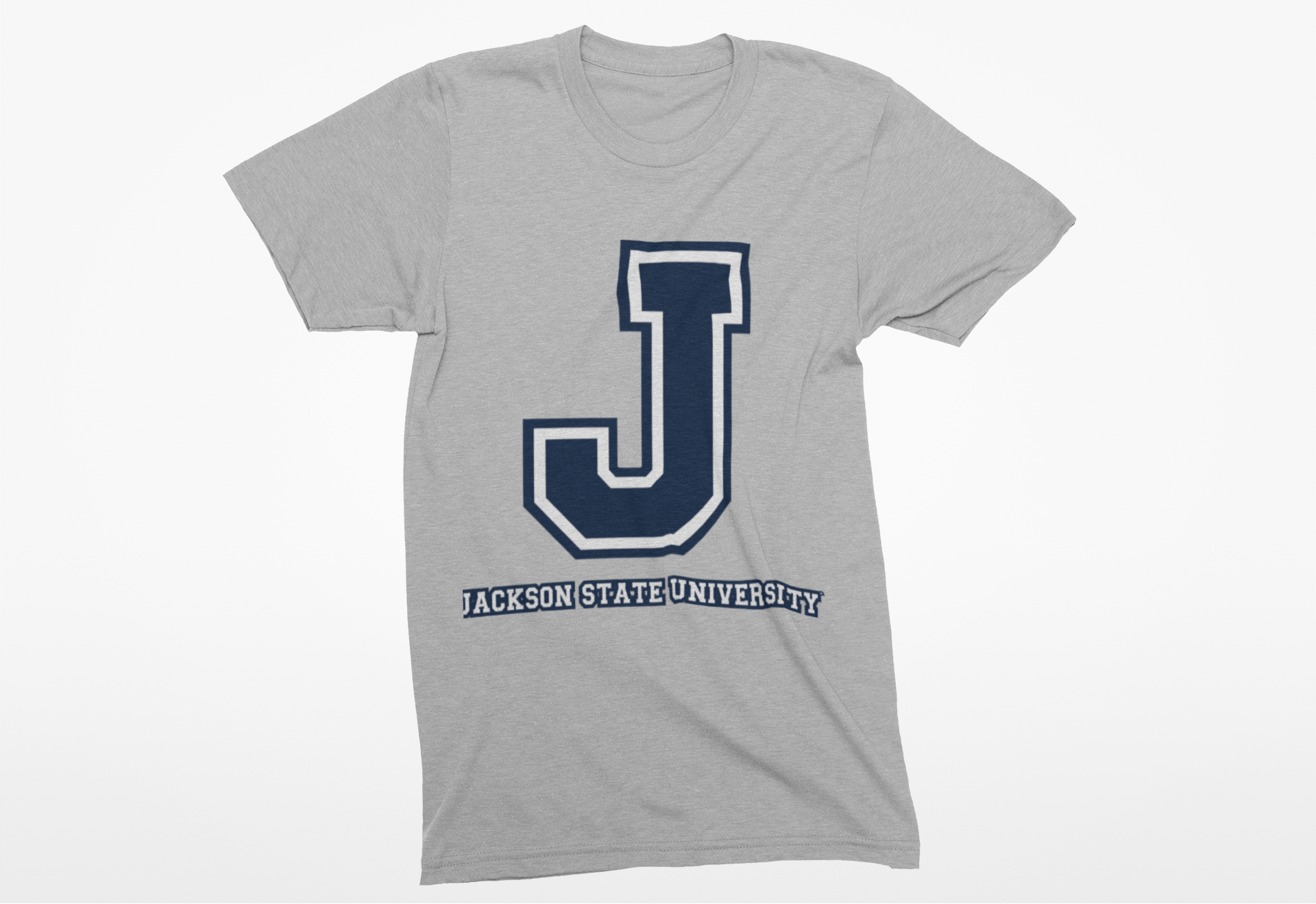Heather gray crew-neck T-shirt with blue J logo and Jackson State University text.