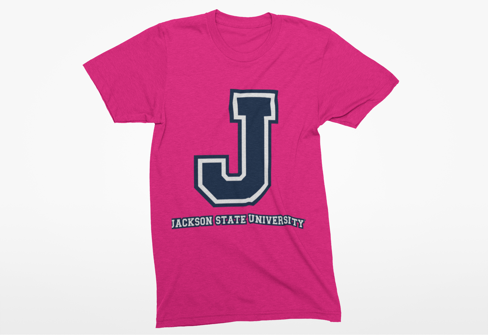 Hot pink crew-neck T-shirt with blue J logo and Jackson State University text.
