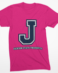 Hot pink crew-neck T-shirt with blue J logo and Jackson State University text.