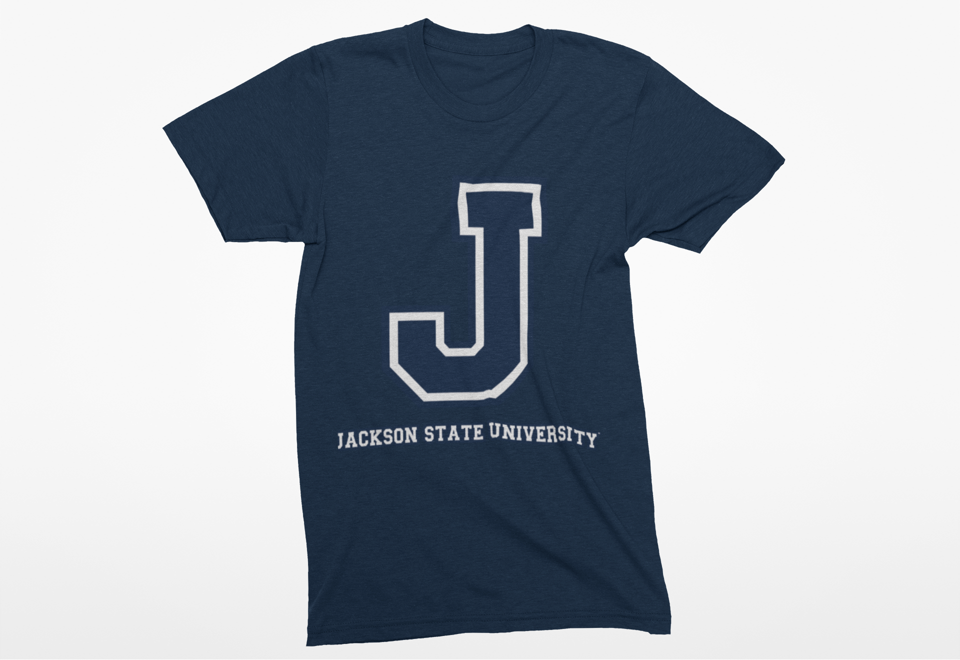 Navy crew-neck T-shirt with blue J logo and Jackson State University text.