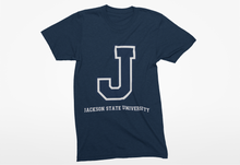 Load image into Gallery viewer, Jackson State University Tigers Blue and White J Short Sleeve T-Shirt
