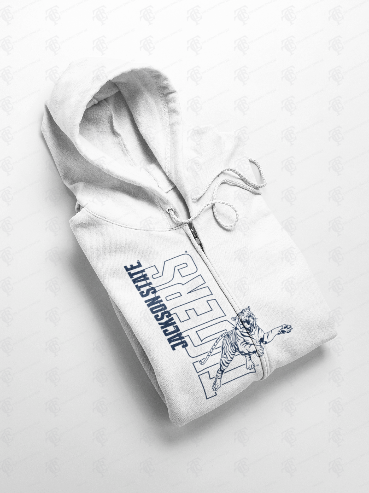 Light gray full-zip hoodie with hood, drawstrings, and blue/white front graphic print