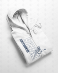 Light gray full-zip hoodie with hood, drawstrings, and blue/white front graphic print