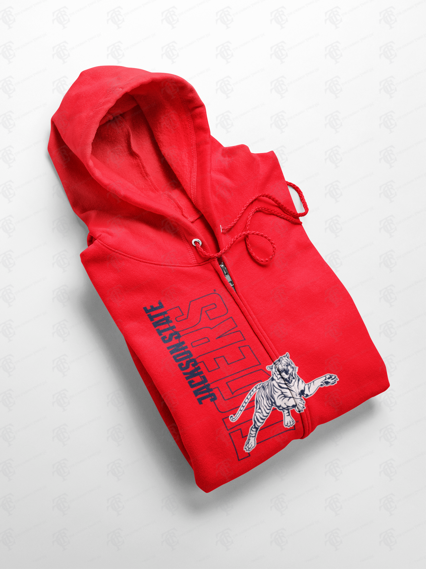 Red full-zip hoodie with hood, drawstrings, and blue/white front graphic print