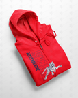 Red full-zip hoodie with hood, drawstrings, and blue/white front graphic print