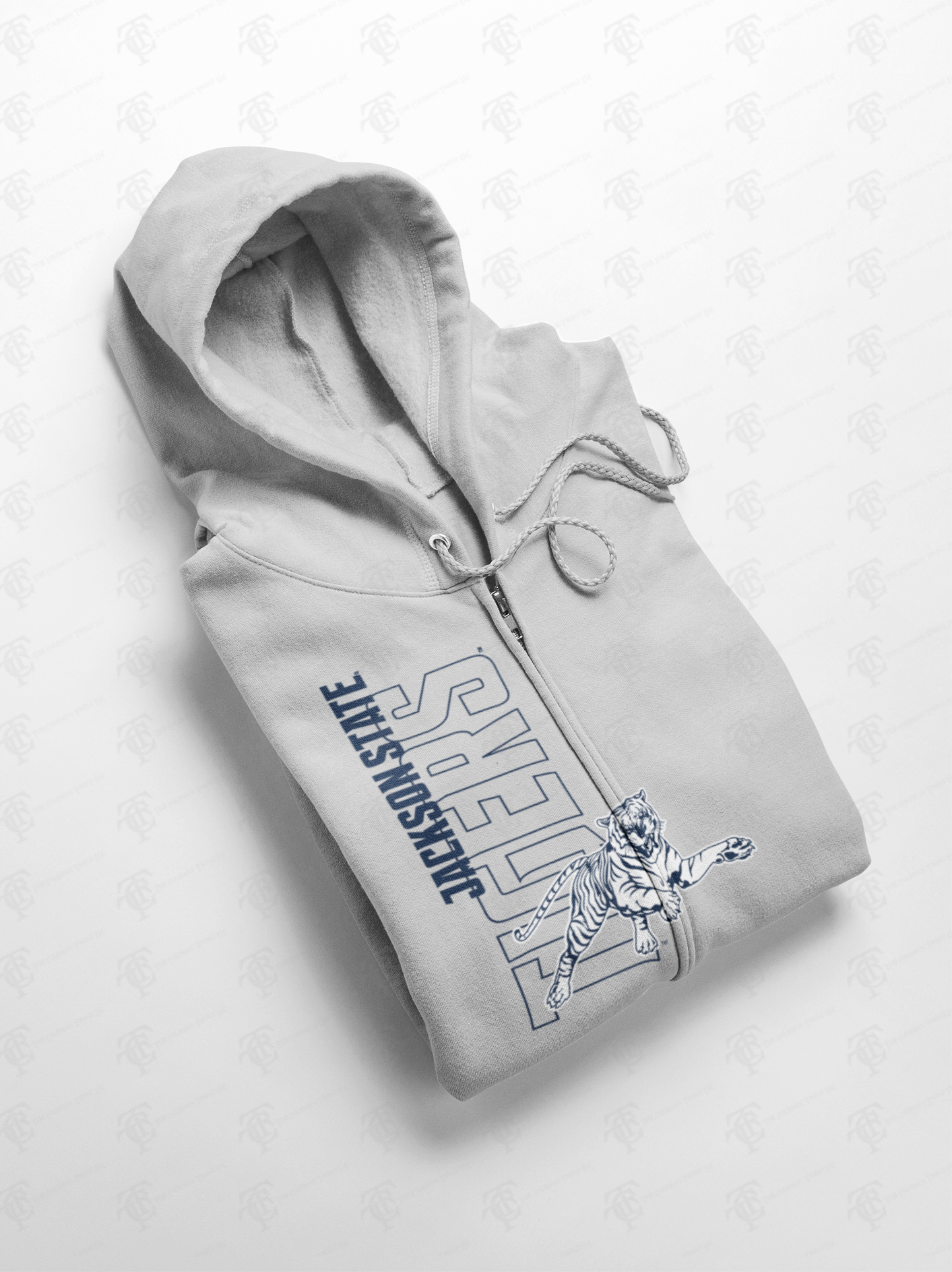 Light gray full-zip hoodie with hood, drawstrings, and blue/white front graphic print