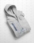 Light gray full-zip hoodie with hood, drawstrings, and blue/white front graphic print