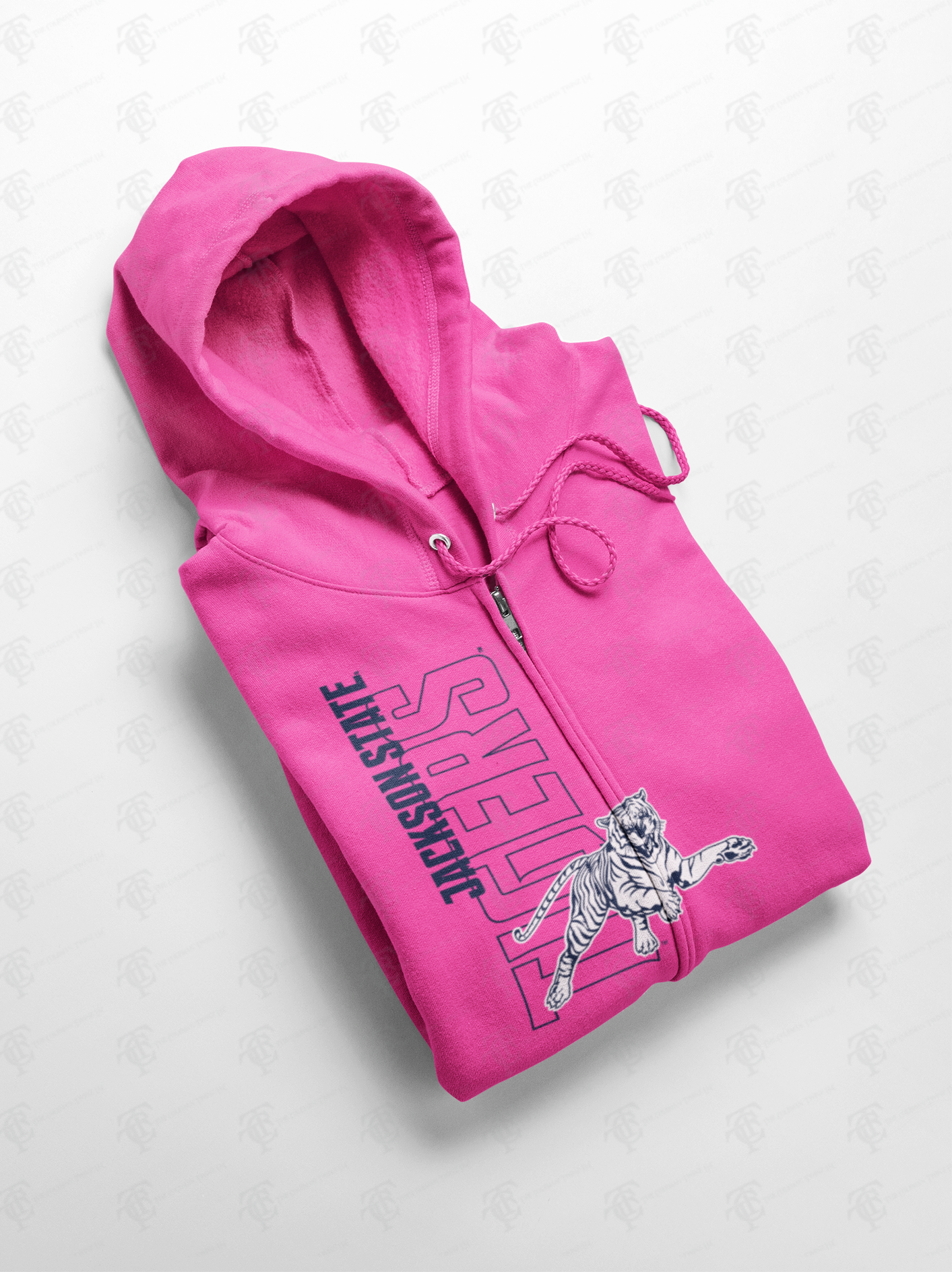 Pink full-zip hoodie with hood, drawstrings, and blue front graphic print