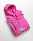 Pink full-zip hoodie with hood, drawstrings, and blue front graphic print