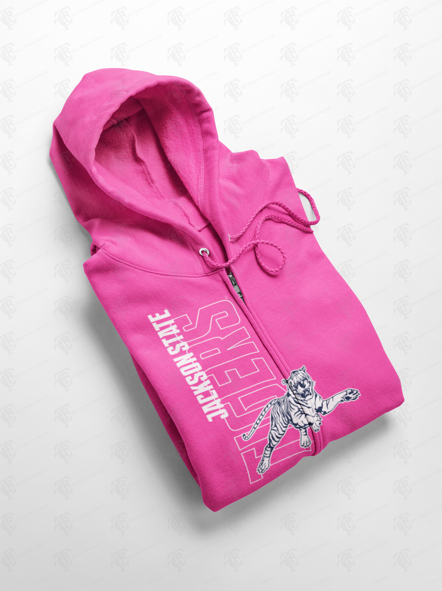Hot pink full-zip hoodie with hood, drawstrings, and blue front graphic print