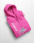 Hot pink full-zip hoodie with hood, drawstrings, and blue front graphic print