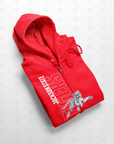 Red full-zip hoodie with hood, drawstrings, and blue front graphic print