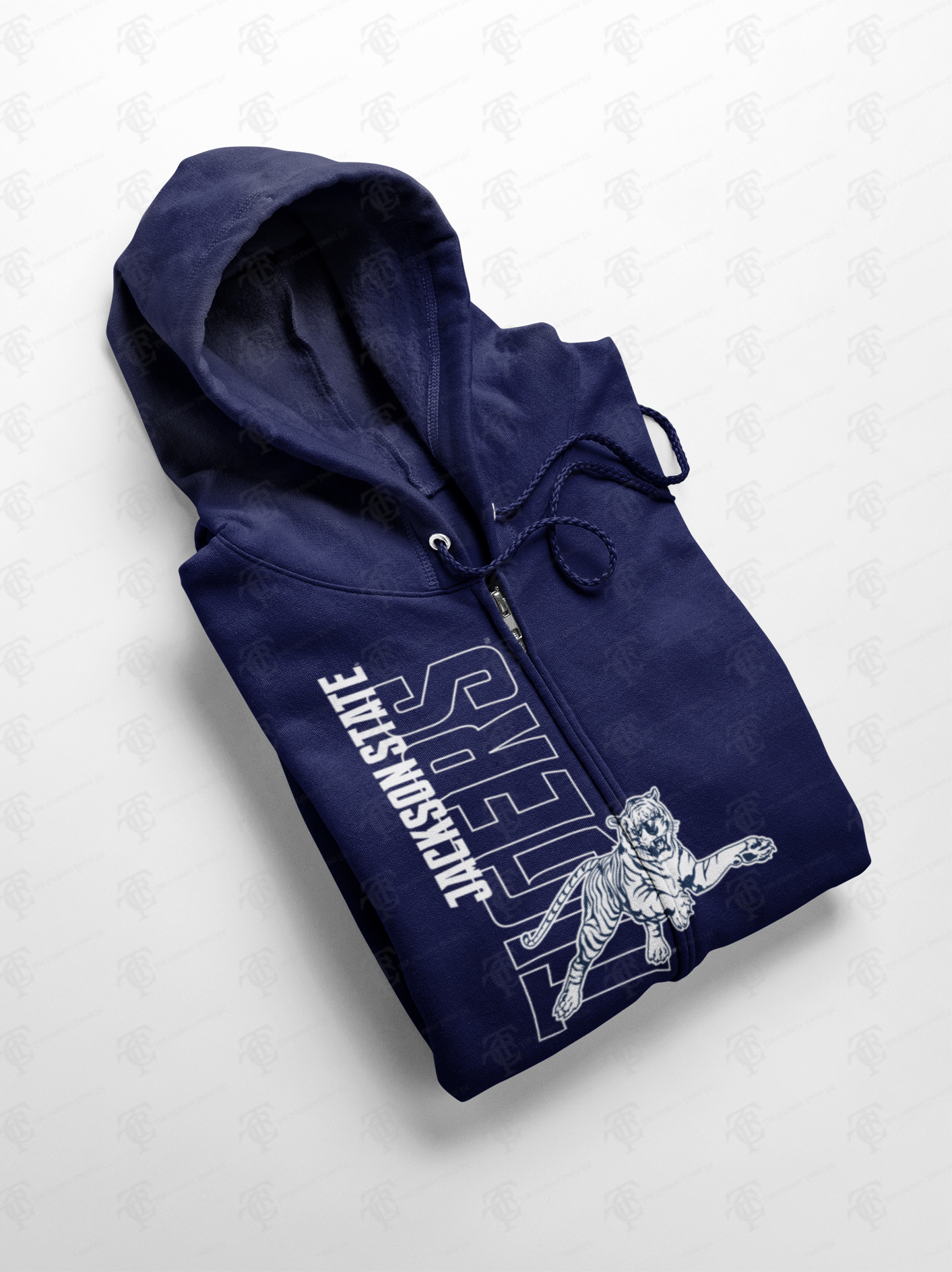 Navy full-zip hoodie with hood, drawstrings, and light front graphic print