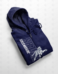 Navy full-zip hoodie with hood, drawstrings, and light front graphic print