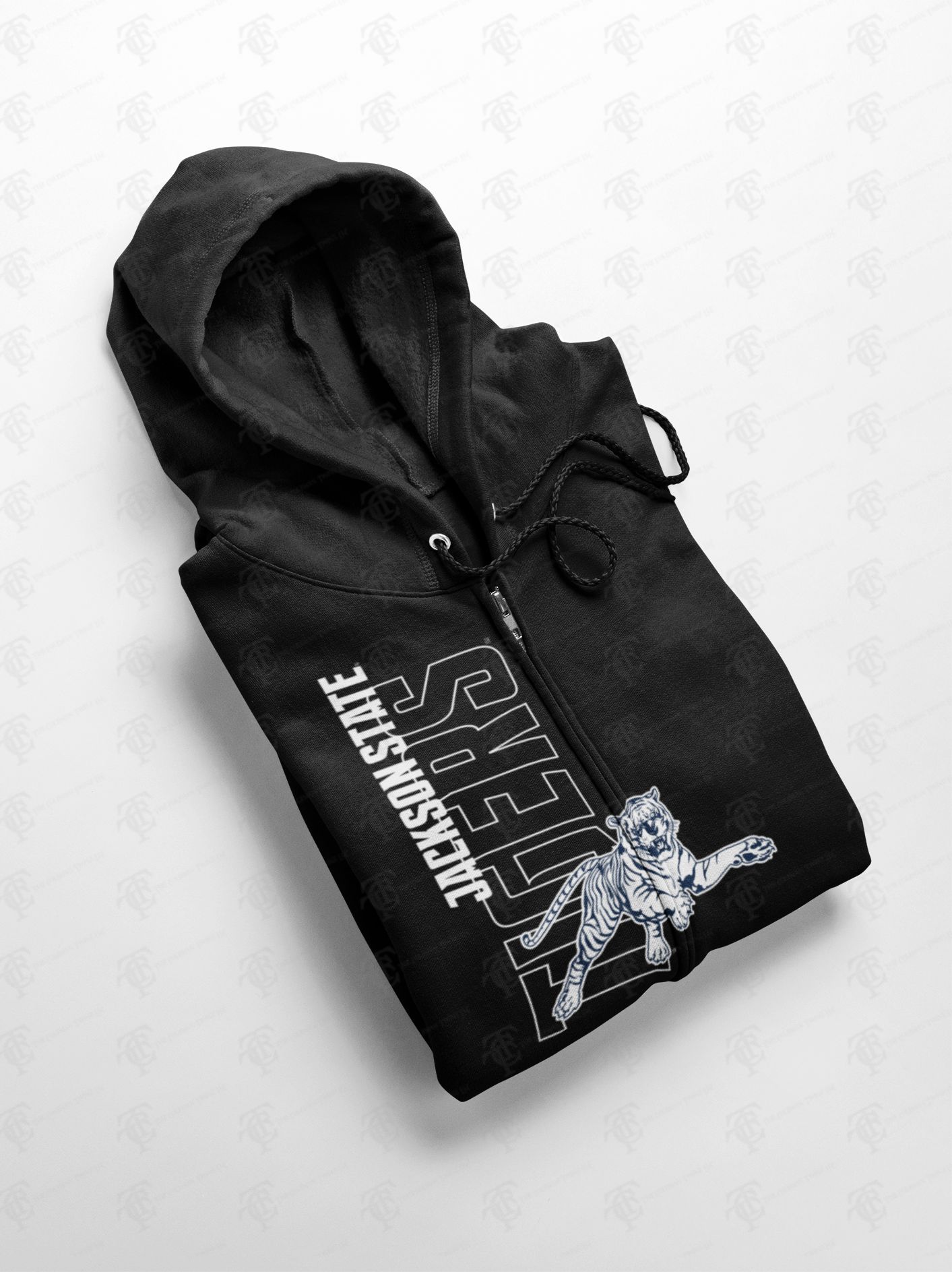 Black full-zip hoodie with hood, drawstrings, and light front graphic print