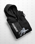 Black full-zip hoodie with hood, drawstrings, and light front graphic print