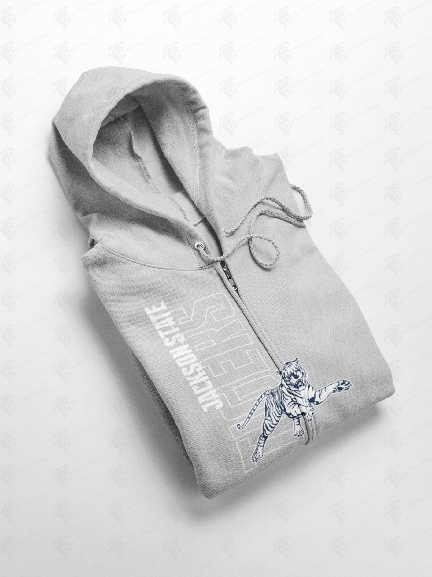Light gray full-zip hoodie with hood, drawstrings, and blue/white front graphic print