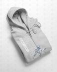 Light gray full-zip hoodie with hood, drawstrings, and blue/white front graphic print