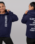 Navy pullover hoodie on model, with front and back motivational text graphics