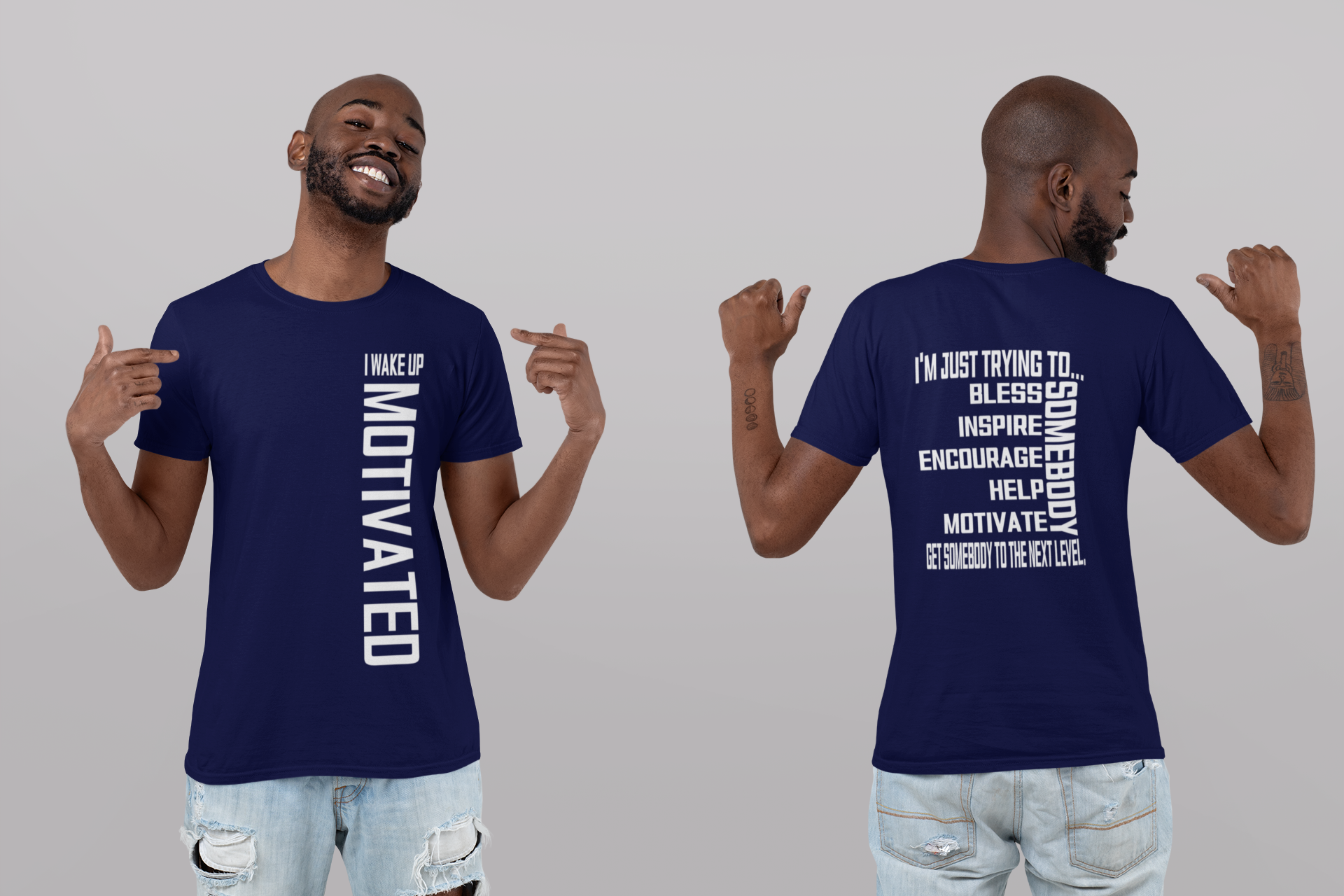 Navy unisex short sleeve crew neck T-shirt shown front and back with white motivational text