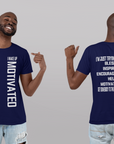 Navy unisex short sleeve crew neck T-shirt shown front and back with white motivational text