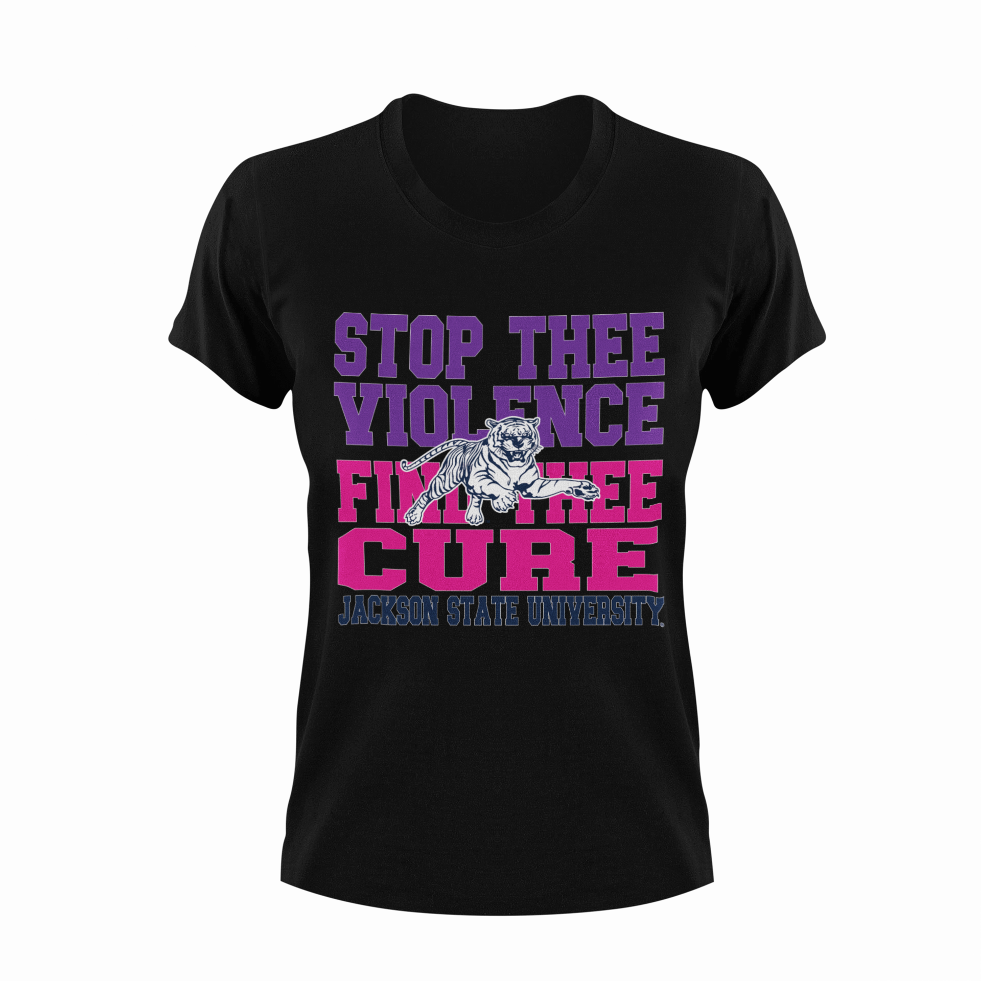 Black unisex crew neck T-shirt with purple and magenta "Stop Thee Violence" graphic