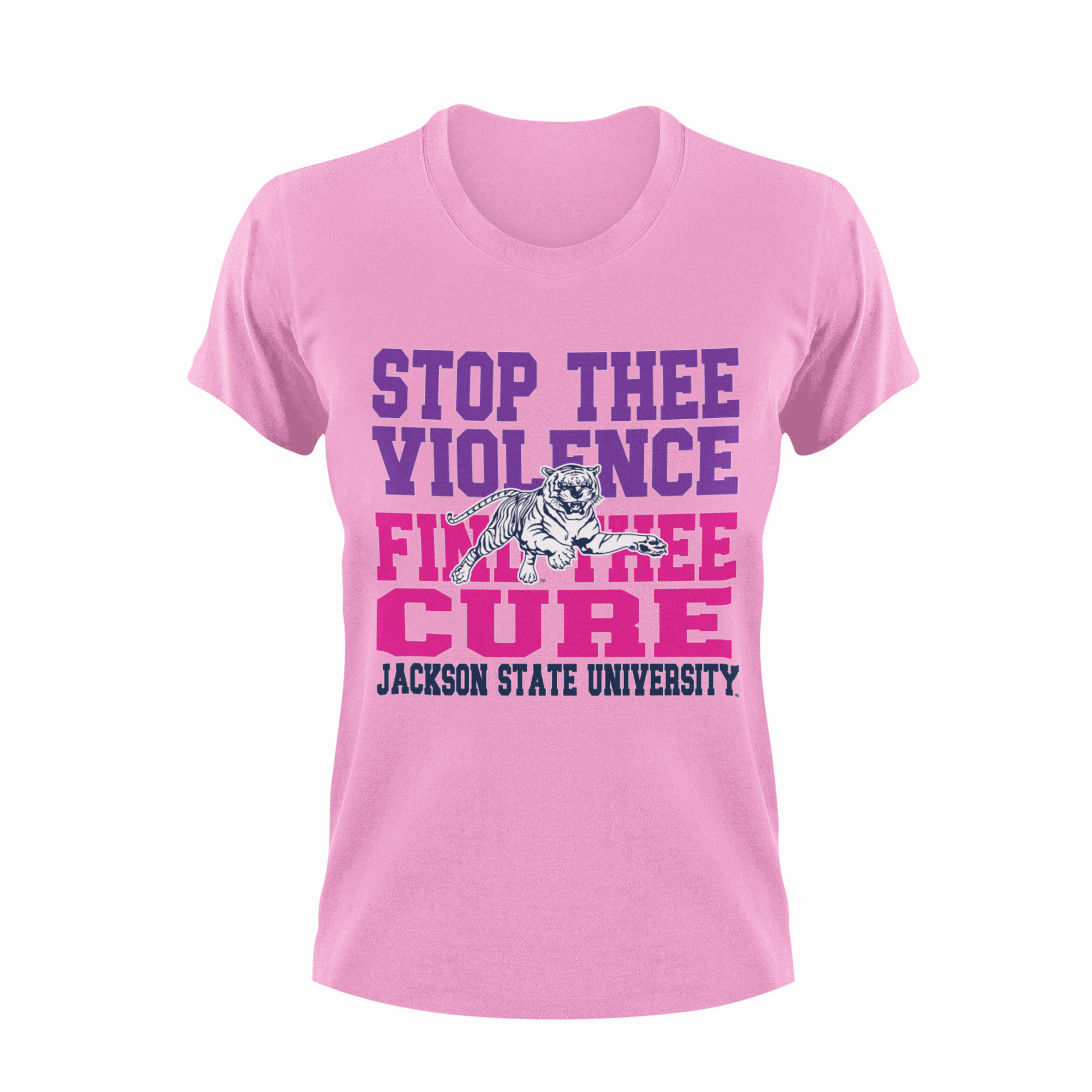 Light pink unisex crew neck T-shirt with purple and magenta "Stop Thee Violence" graphic