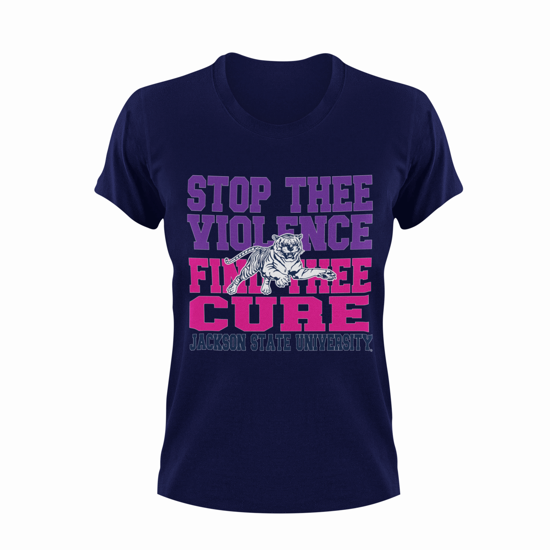 Navy blue unisex crew neck T-shirt with purple and magenta "Stop Thee Violence" graphic