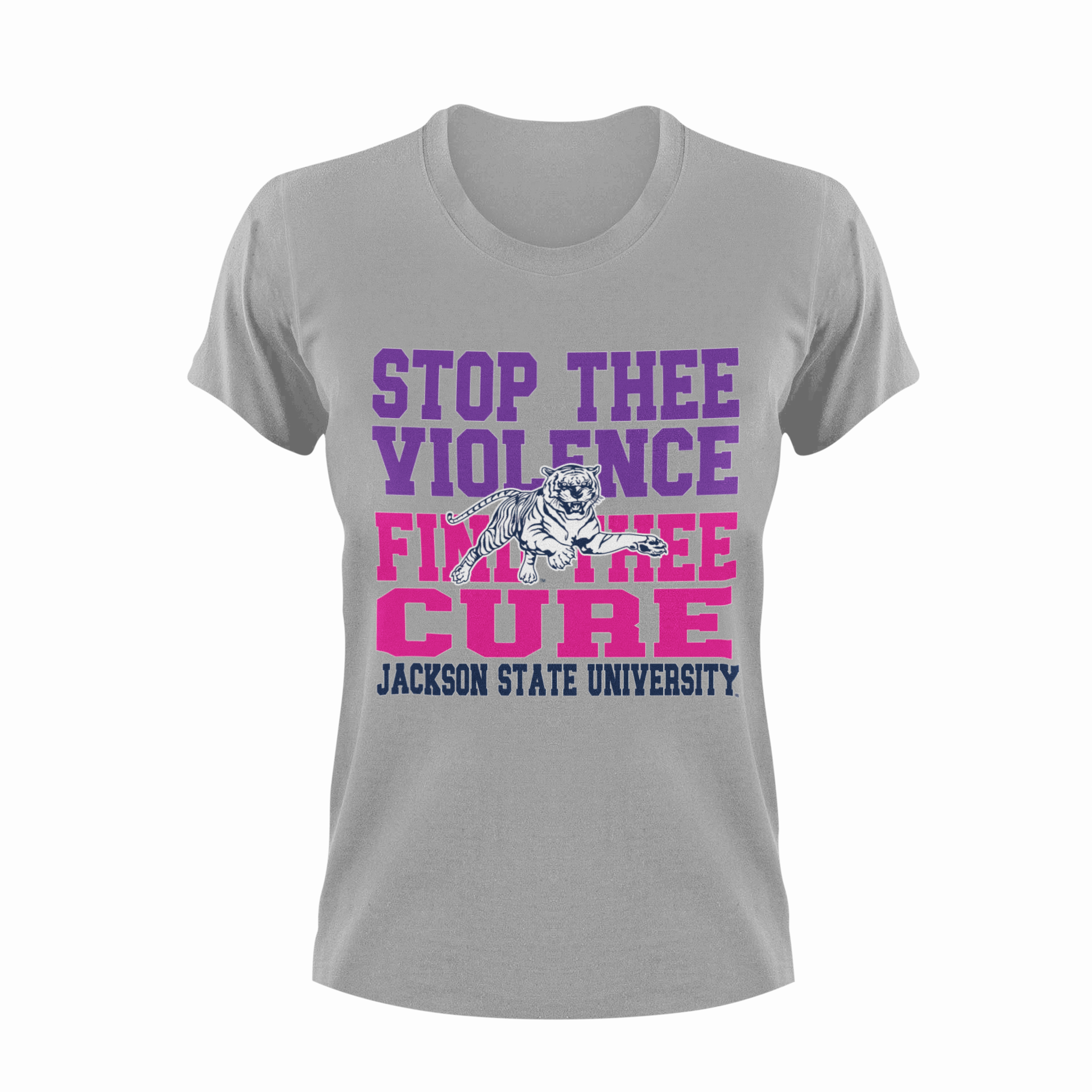 Athletic heather gray unisex crew neck T-shirt with purple and magenta "Stop Thee Violence"